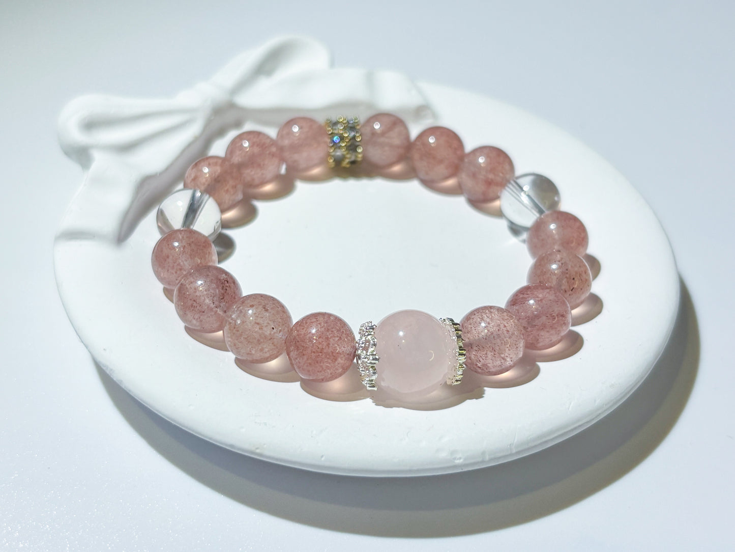 Strawberry Quartz, Clear Quartz & Madagascar Rose Quartz Bracelet Healing Set Chakra - Balancing Crystal Jewelry