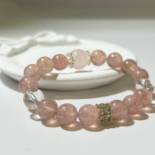 Strawberry Quartz, Clear Quartz & Madagascar Rose Quartz Bracelet Healing Set Chakra - Balancing Crystal Jewelry