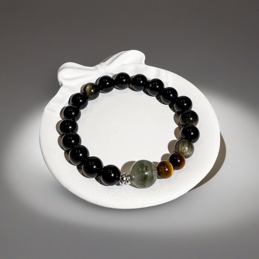 Golden Sheen Obsidian & Tiger's Eye & Green Phantom Quartz Bracelet Healing Set Chakra - Balancing Crystal Jewelry