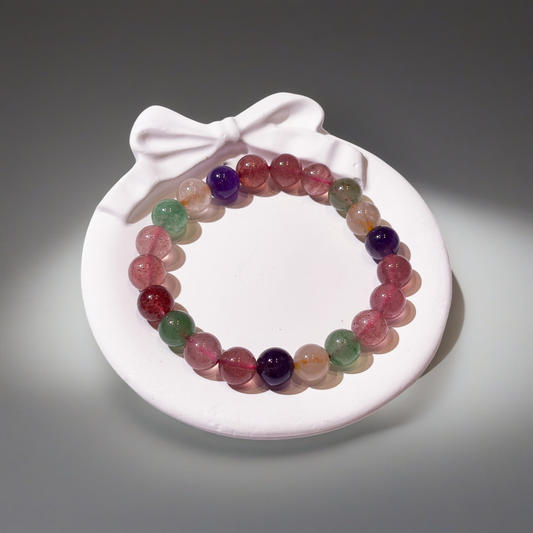 Natural Multi-Treasure Strawberry Quartz Bracelet | "The Socialite" Crystal | For Love, Relationships & Emotional Healing | Green, Rose & Red Strawberry Quartz Combo