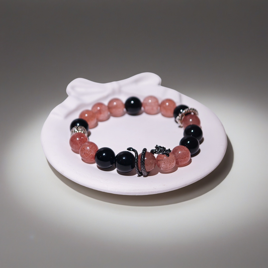 Strawberry Rose Quartz & Obsidian Coiling Dragon Crystal Chakra - Balancing Crystal Jewelry