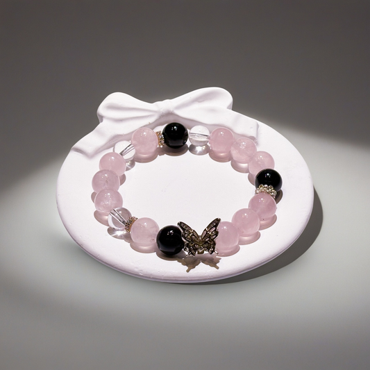 Madagascar Rose Quartz Obsidian & Clear Quartz Bracelet Healing Set Chakra - Balancing Crystal Jewelry