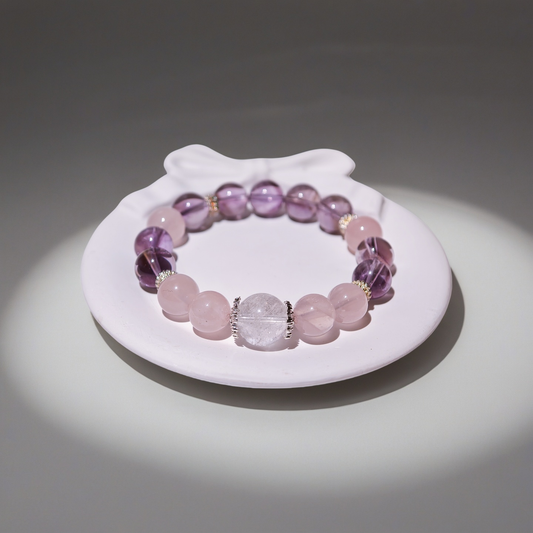 Amethyst & Madagascar Rose Quartz & White Phantom Quartz Bracelet Healing Set Chakra - Balancing Crystal Jewelry