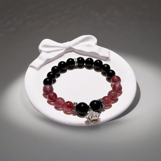 Obsidian & Strawberry Quartz Bracelet Healing Set Chakra - Balancing Crystal Jewelry