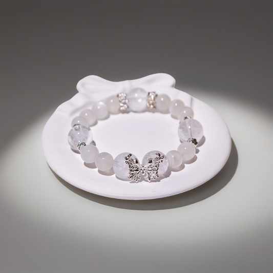White Cat's Eye & White Phantom Quartz Bracelet Healing Set Chakra - Balancing Crystal Jewelry