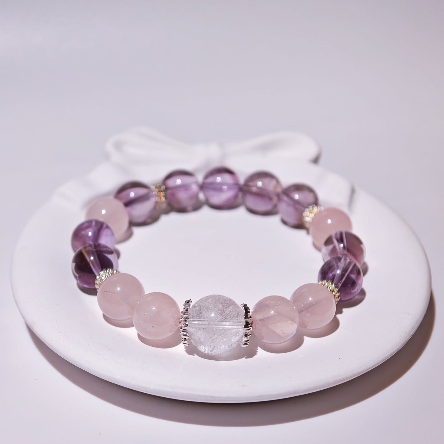 Amethyst & Madagascar Rose Quartz & White Phantom Quartz Bracelet Healing Set Chakra - Balancing Crystal Jewelry - Nura Crystal