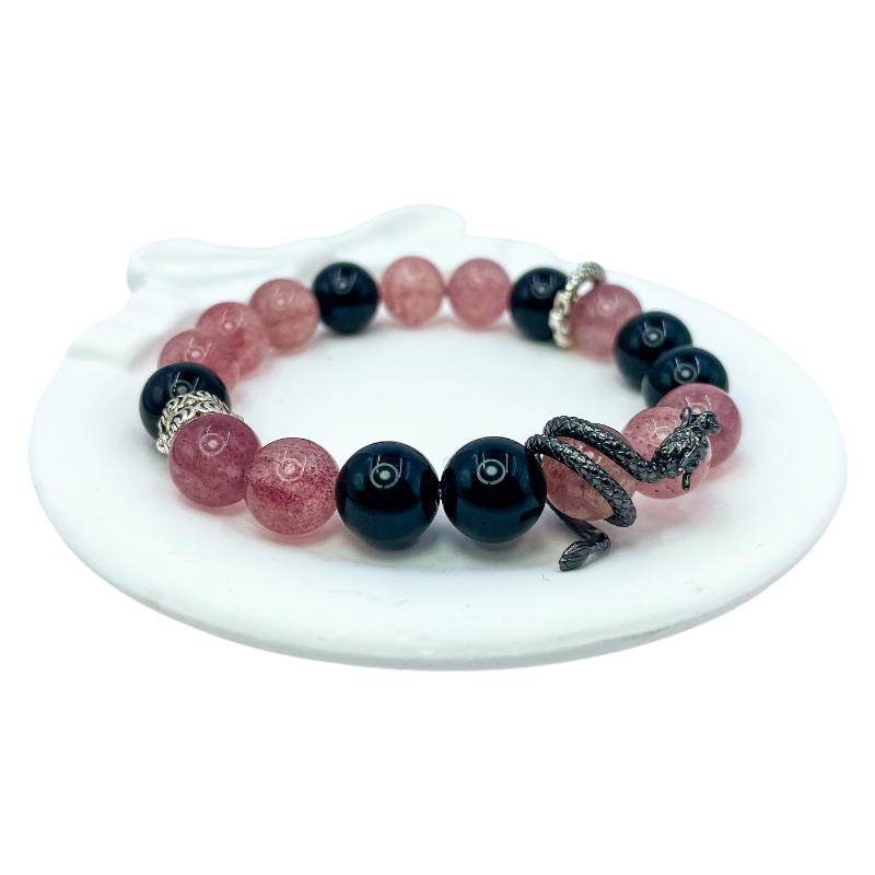 Strawberry Rose Quartz & Obsidian Coiling Dragon Crystal Chakra - Balancing Crystal Jewelry