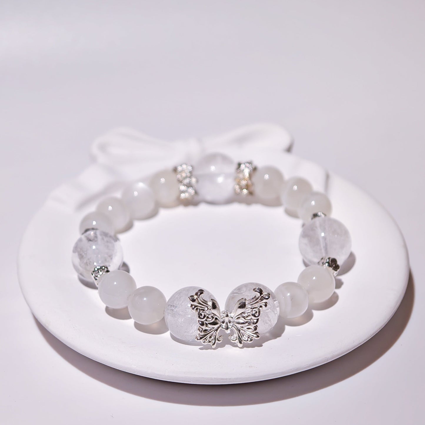 White Cat's Eye & White Phantom Quartz Bracelet Healing Set Chakra - Balancing Crystal Jewelry - Nura Crystal