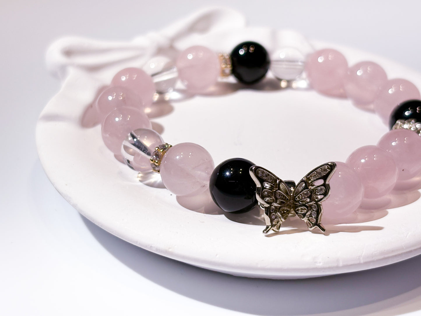 Madagascar Rose Quartz Obsidian & Clear Quartz Bracelet Healing Set Chakra - Balancing Crystal Jewelry