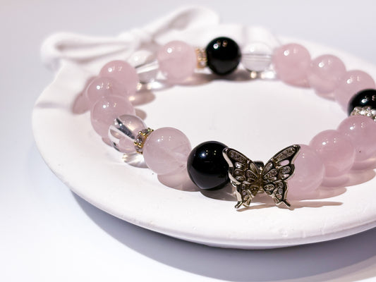 Madagascar Rose Quartz Obsidian & Clear Quartz Bracelet Healing Set Chakra - Balancing Crystal Jewelry