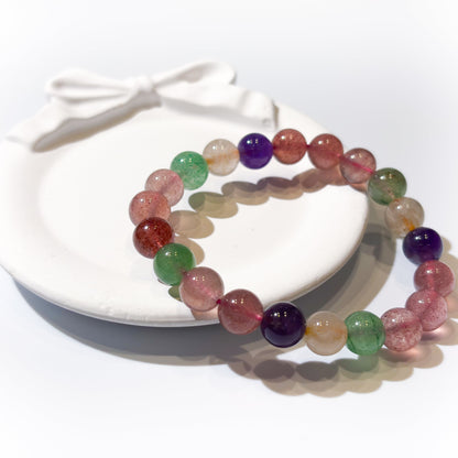 Natural Multi-Treasure Strawberry Quartz Bracelet | "The Socialite" Crystal | For Love, Relationships & Emotional Healing | Green, Rose & Red Strawberry Quartz Combo