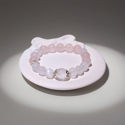 White Moonstone & Madagascar Rose Quartz Bracelet Healing Set Chakra - Balancing Crystal Jewelry