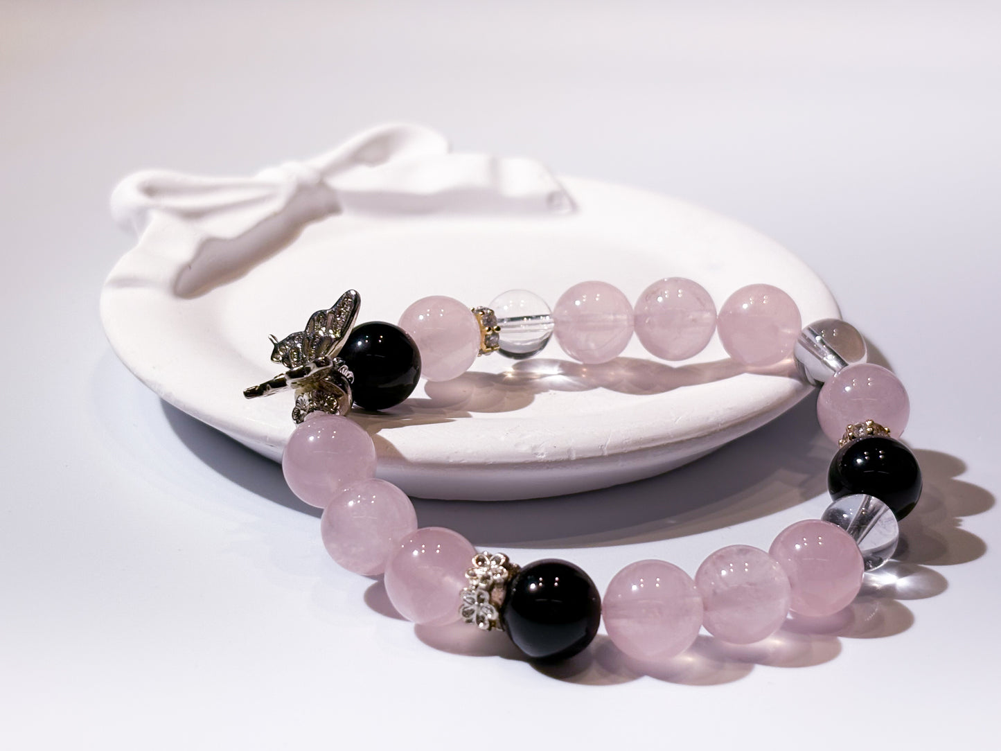 Madagascar Rose Quartz Obsidian & Clear Quartz Bracelet Healing Set Chakra - Balancing Crystal Jewelry