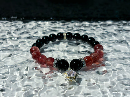 Obsidian & Strawberry Quartz Bracelet Healing Set Chakra - Balancing Crystal Jewelry
