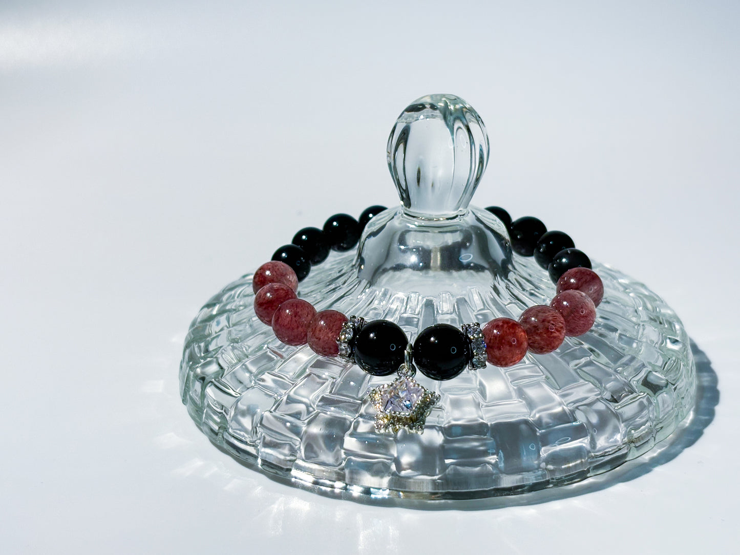 Obsidian & Strawberry Quartz Bracelet Healing Set Chakra - Balancing Crystal Jewelry