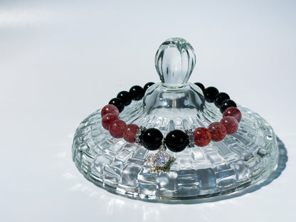 Obsidian & Strawberry Quartz Bracelet Healing Set Chakra - Balancing Crystal Jewelry