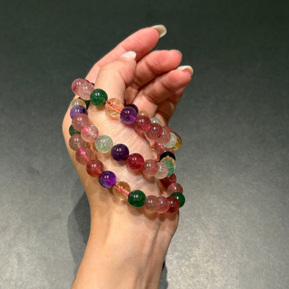 Natural Multi-Treasure Strawberry Quartz Bracelet | "The Socialite" Crystal | For Love, Relationships & Emotional Healing | Green, Rose & Red Strawberry Quartz Combo