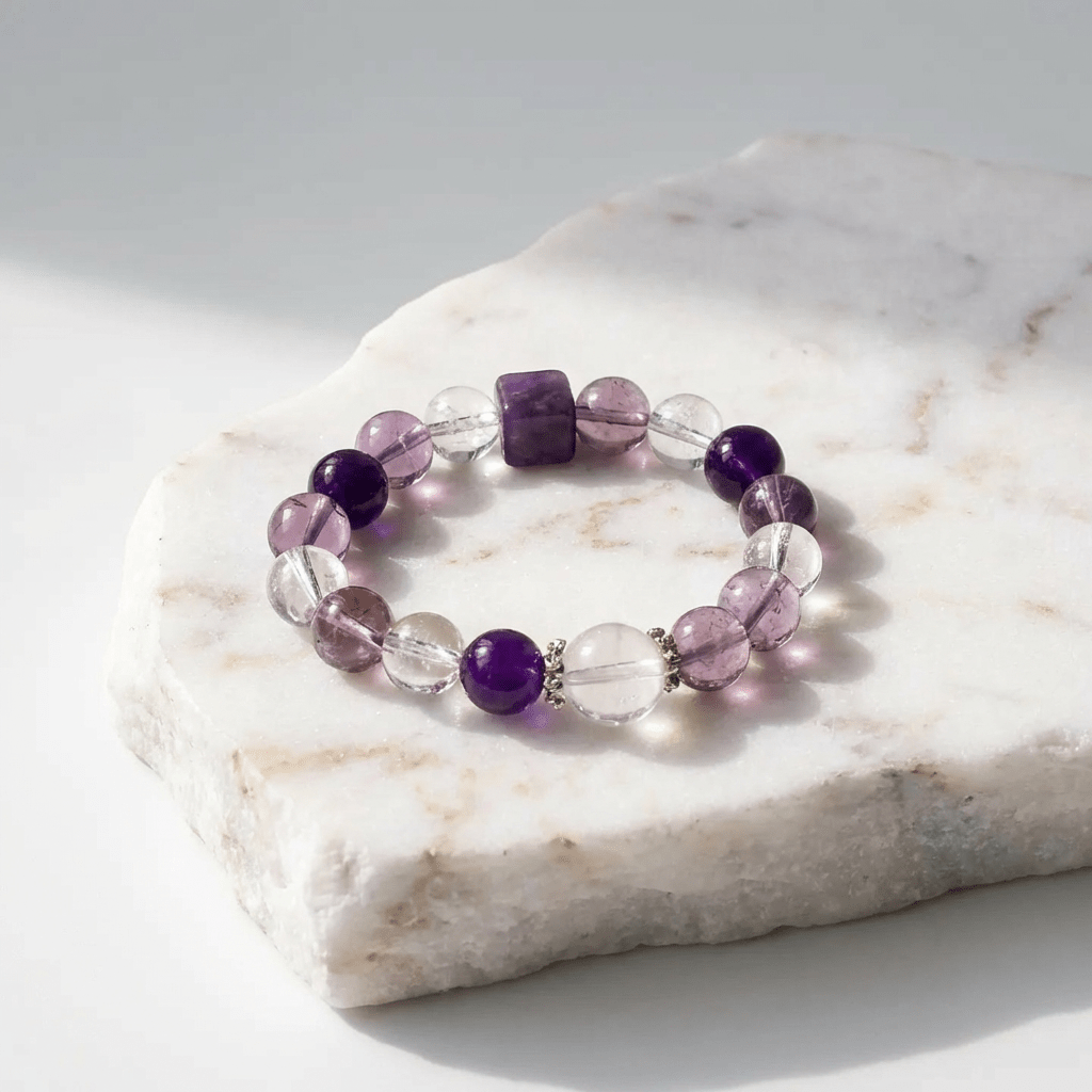 Amethyst, Clear Quartz & Amethyst Phantom Bracelet Healing Set Chakra - Balancing Crystal Jewelry - Nura Crystal