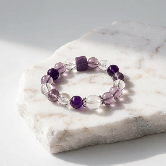 Amethyst, Clear Quartz & Amethyst Phantom Bracelet Healing Set Chakra - Balancing Crystal Jewelry - Nura Crystal