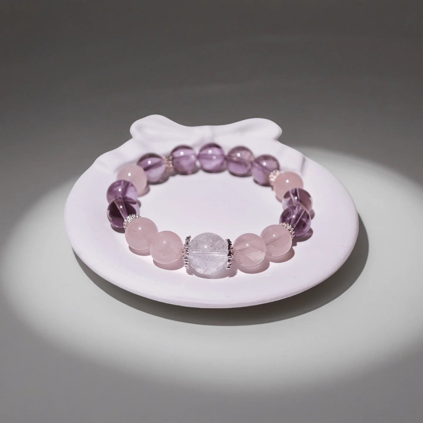 Amethyst & Madagascar Rose Quartz & White Phantom Quartz Bracelet Healing Set Chakra - Balancing Crystal Jewelry - Nura Crystal