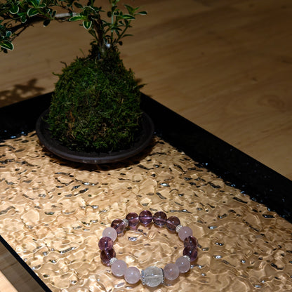 Amethyst & Madagascar Rose Quartz & White Phantom Quartz Bracelet Healing Set Chakra - Balancing Crystal Jewelry - Nura Crystal