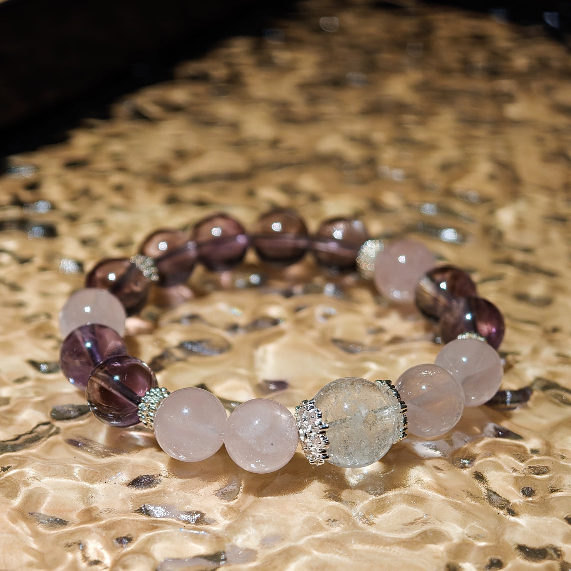 Amethyst & Madagascar Rose Quartz & White Phantom Quartz Bracelet Healing Set Chakra - Balancing Crystal Jewelry - Nura Crystal