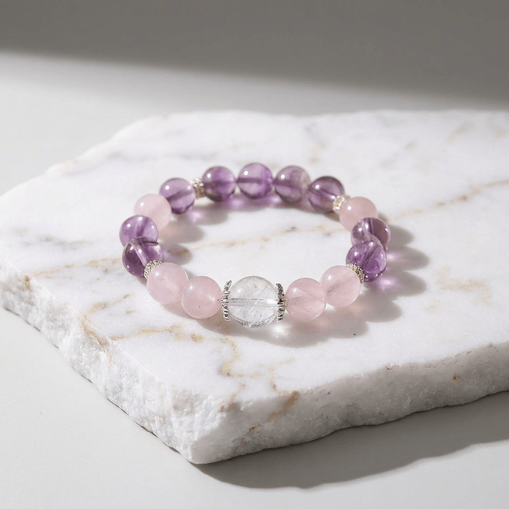 Amethyst & Madagascar Rose Quartz & White Phantom Quartz Bracelet Healing Set Chakra - Balancing Crystal Jewelry - Nura Crystal