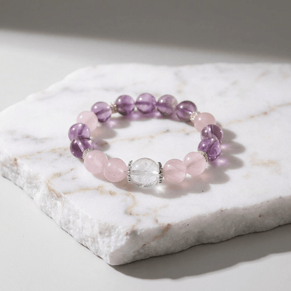 Amethyst & Madagascar Rose Quartz & White Phantom Quartz Bracelet Healing Set Chakra - Balancing Crystal Jewelry - Nura Crystal