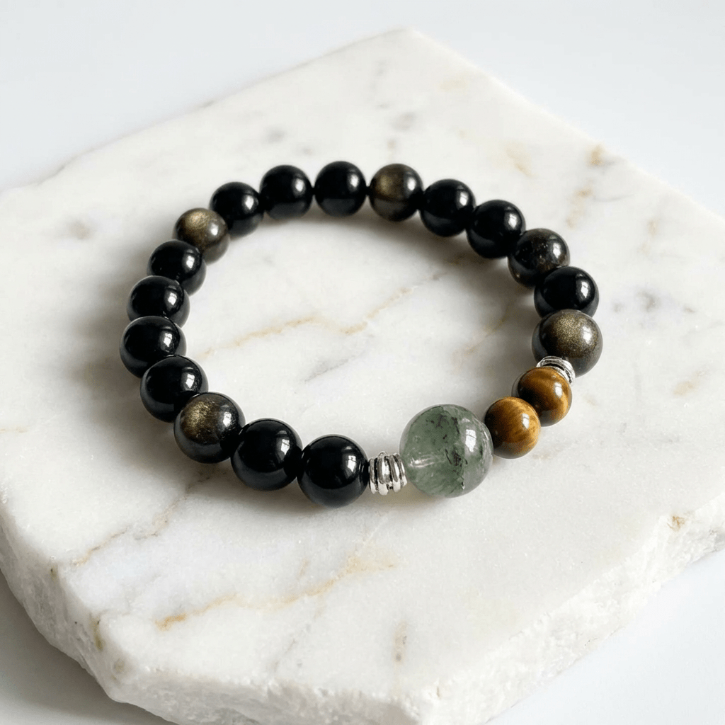 Golden Sheen Obsidian & Tiger's Eye & Green Phantom Quartz Bracelet Healing Set Chakra - Balancing Crystal Jewelry - Nura Crystal