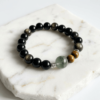 Golden Sheen Obsidian & Tiger's Eye & Green Phantom Quartz Bracelet Healing Set Chakra - Balancing Crystal Jewelry - Nura Crystal