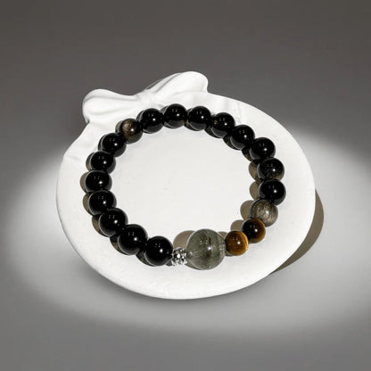 Golden Sheen Obsidian & Tiger's Eye & Green Phantom Quartz Bracelet Healing Set Chakra - Balancing Crystal Jewelry - Nura Crystal