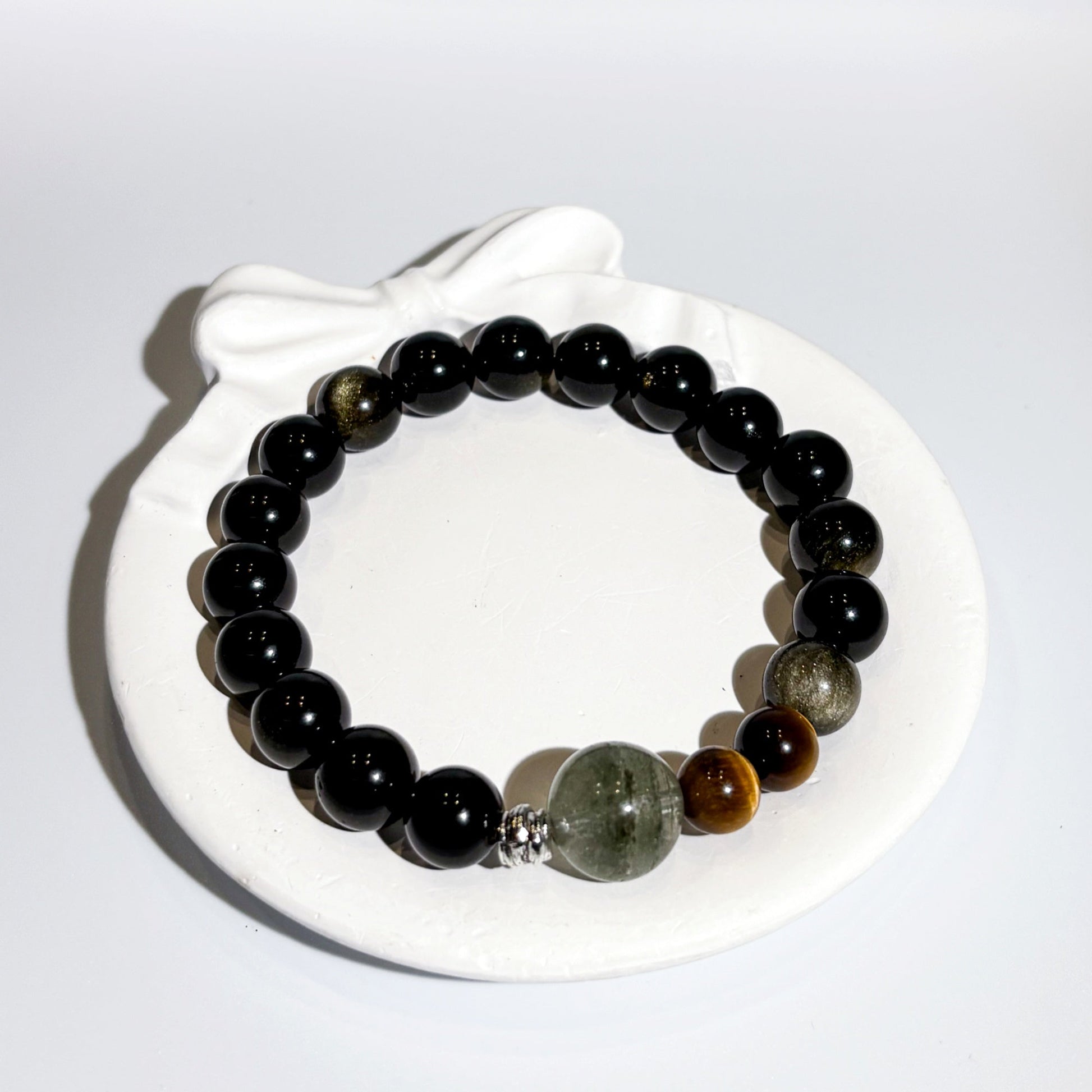 Golden Sheen Obsidian & Tiger's Eye & Green Phantom Quartz Bracelet Healing Set Chakra - Balancing Crystal Jewelry - Nura Crystal