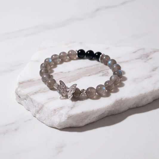 Grey Moonstone & Obsidian Bracelet Healing Set Chakra - Balancing Crystal Jewelry - Nura Crystal