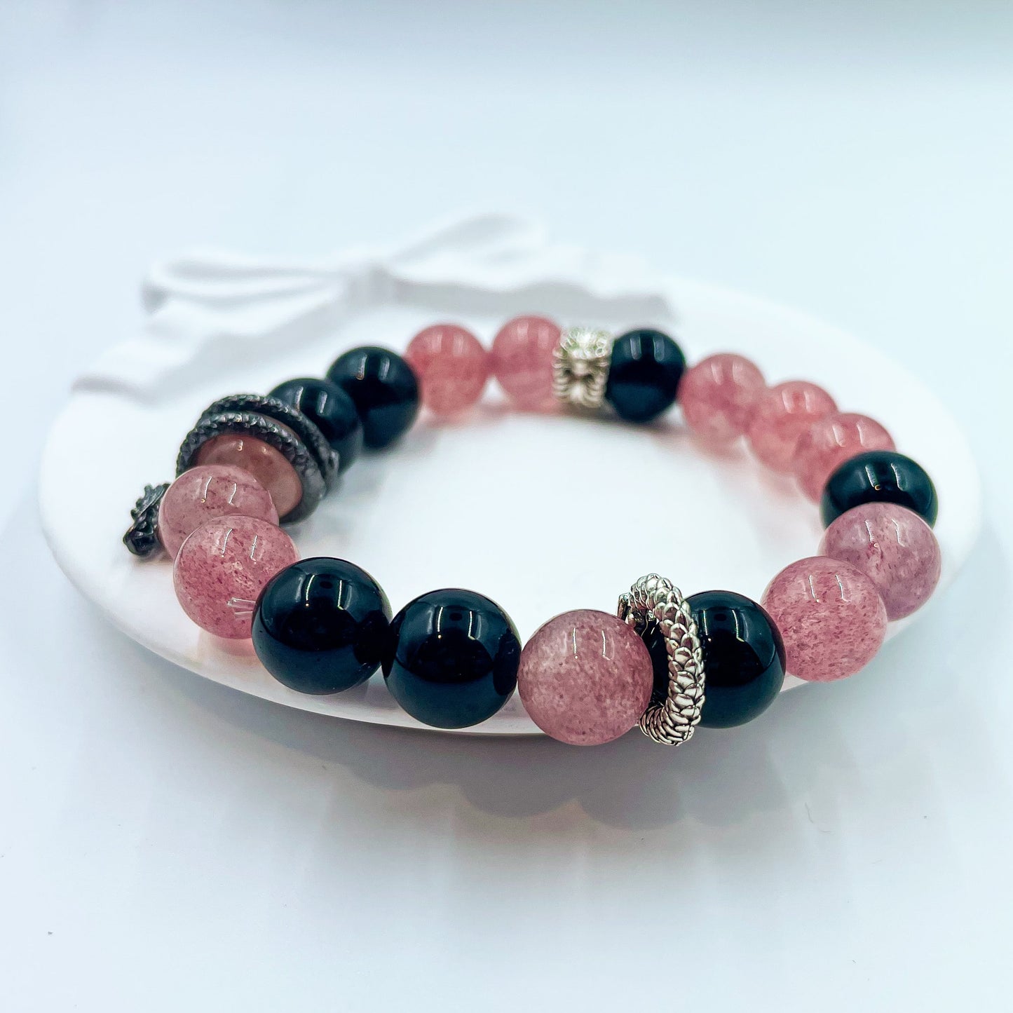 Strawberry Rose Quartz & Obsidian Coiling Dragon Crystal Chakra - Balancing Crystal Jewelry