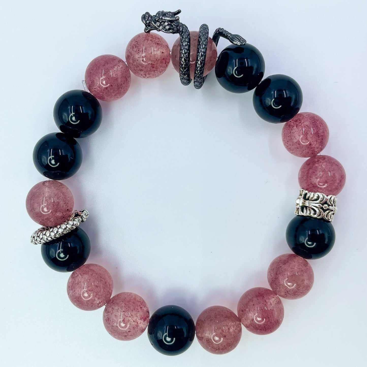 Strawberry Rose Quartz & Obsidian Coiling Dragon Crystal Chakra - Balancing Crystal Jewelry
