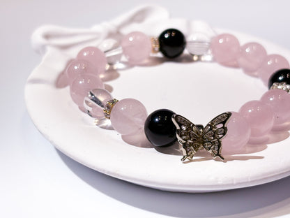 Madagascar Rose Quartz Obsidian & Clear Quartz Bracelet Healing Set Chakra - Balancing Crystal Jewelry - Nura Crystal