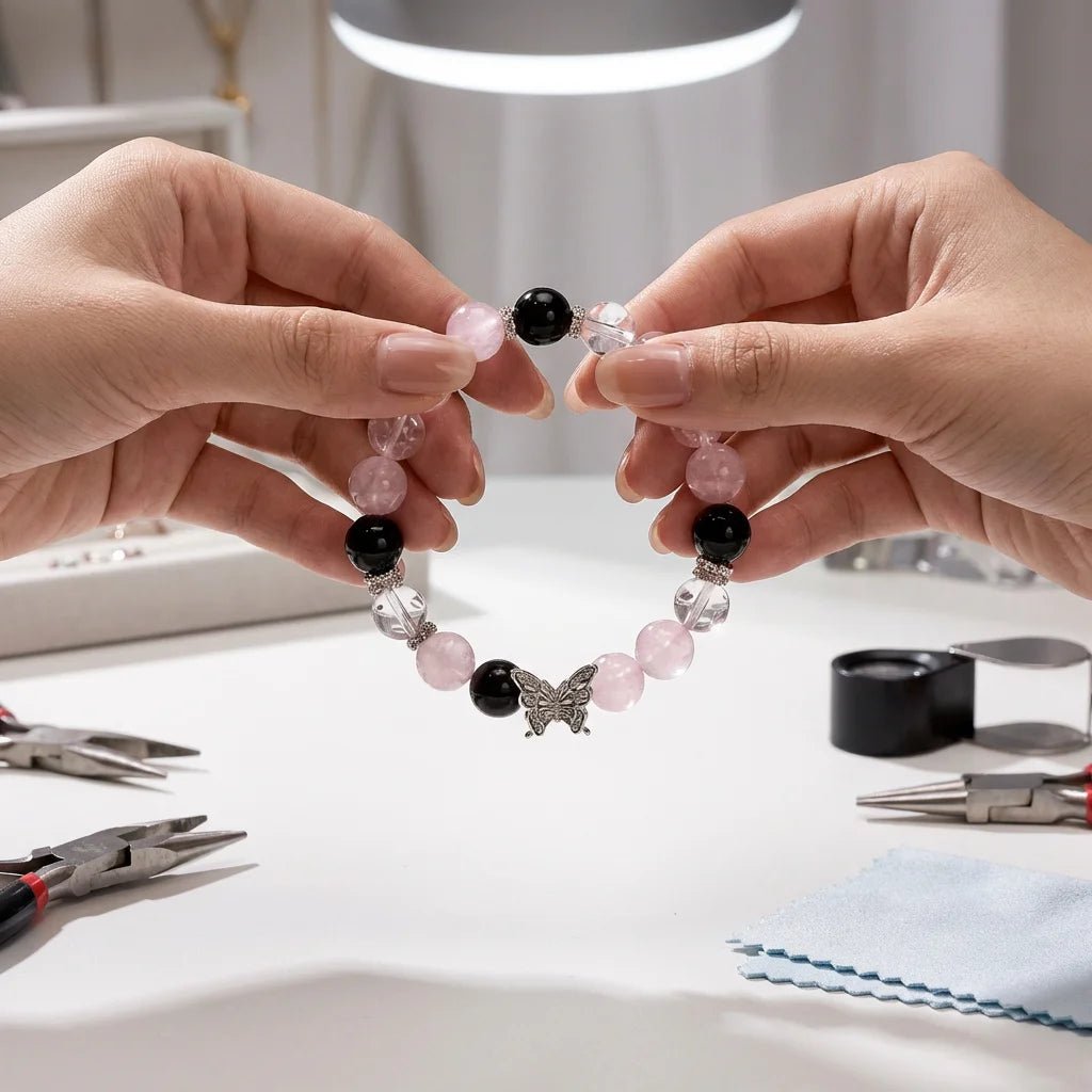 Madagascar Rose Quartz Obsidian & Clear Quartz Bracelet Healing Set Chakra - Balancing Crystal Jewelry - Nura Crystal
