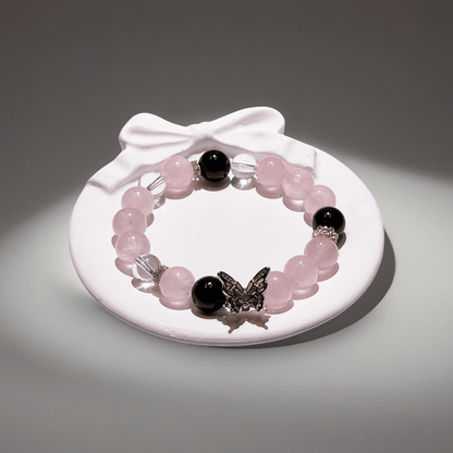 Madagascar Rose Quartz Obsidian & Clear Quartz Bracelet Healing Set Chakra - Balancing Crystal Jewelry - Nura Crystal