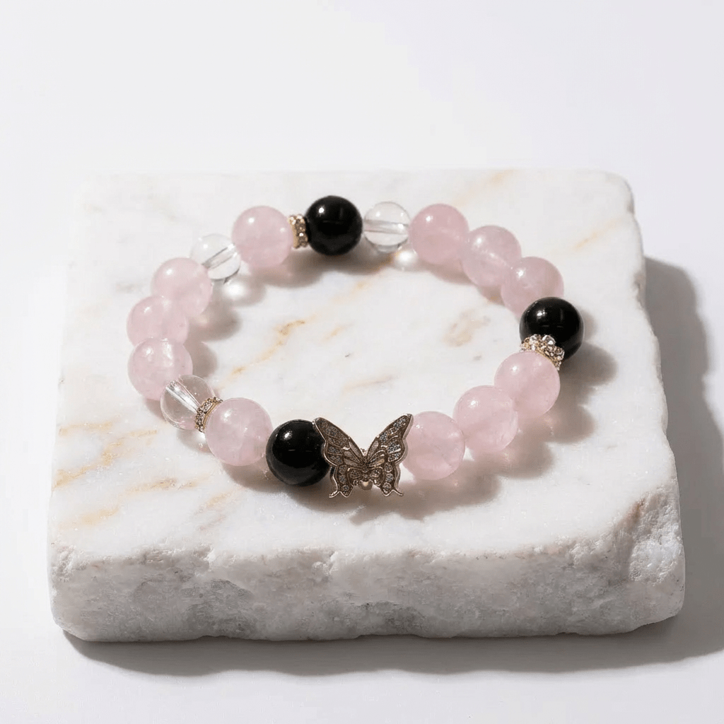 Madagascar Rose Quartz Obsidian & Clear Quartz Bracelet Healing Set Chakra - Balancing Crystal Jewelry - Nura Crystal