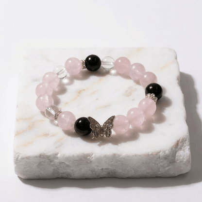 Madagascar Rose Quartz Obsidian & Clear Quartz Bracelet Healing Set Chakra - Balancing Crystal Jewelry - Nura Crystal