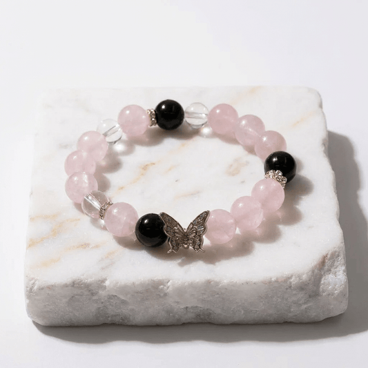 Madagascar Rose Quartz Obsidian & Clear Quartz Bracelet Healing Set Chakra - Balancing Crystal Jewelry - Nura Crystal