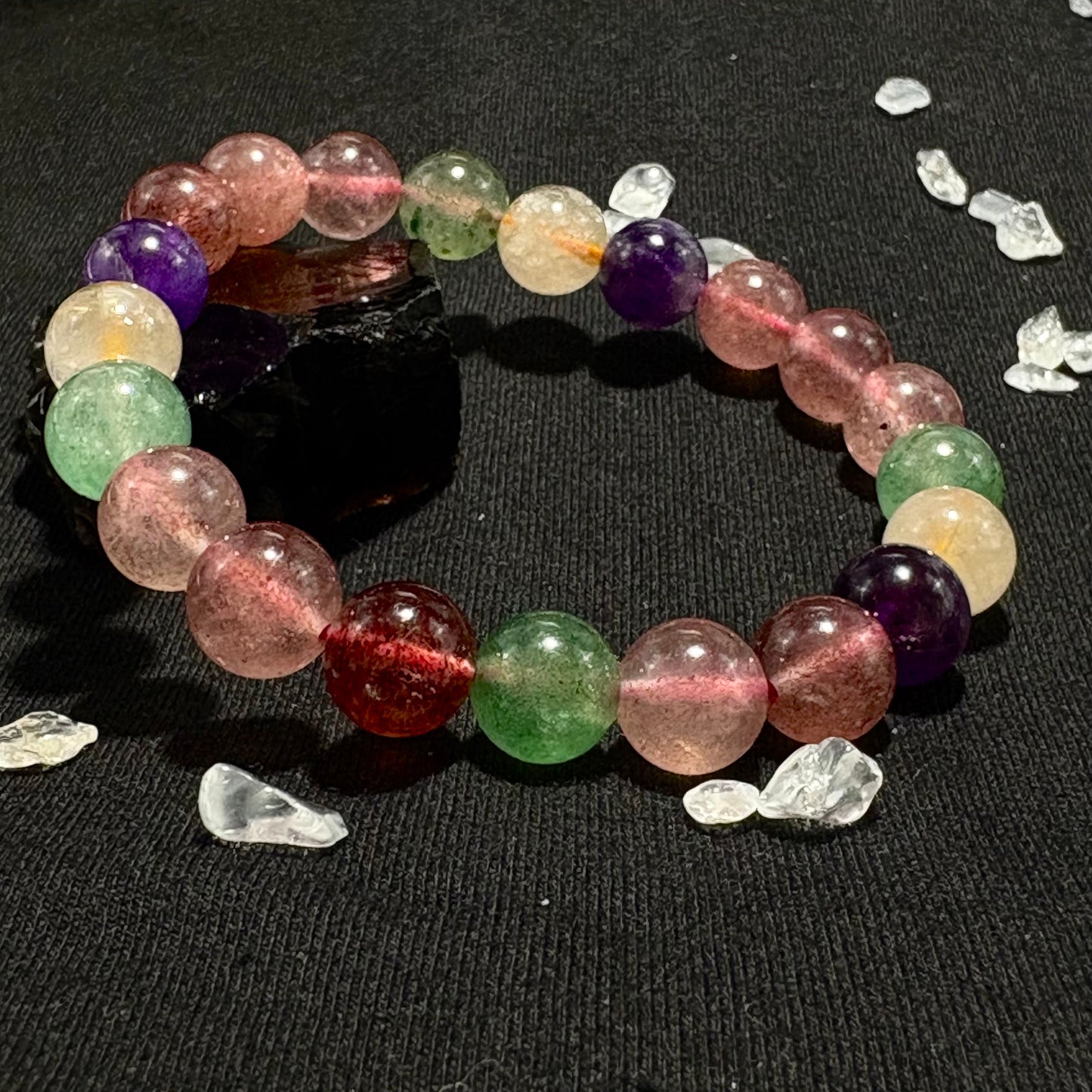 Natural Multi - Treasure Strawberry Quartz Bracelet | "The Socialite" Crystal | For Love, Relationships & Emotional Healing | Green, Rose & Red Strawberry Quartz Combo - Nura Crystal
