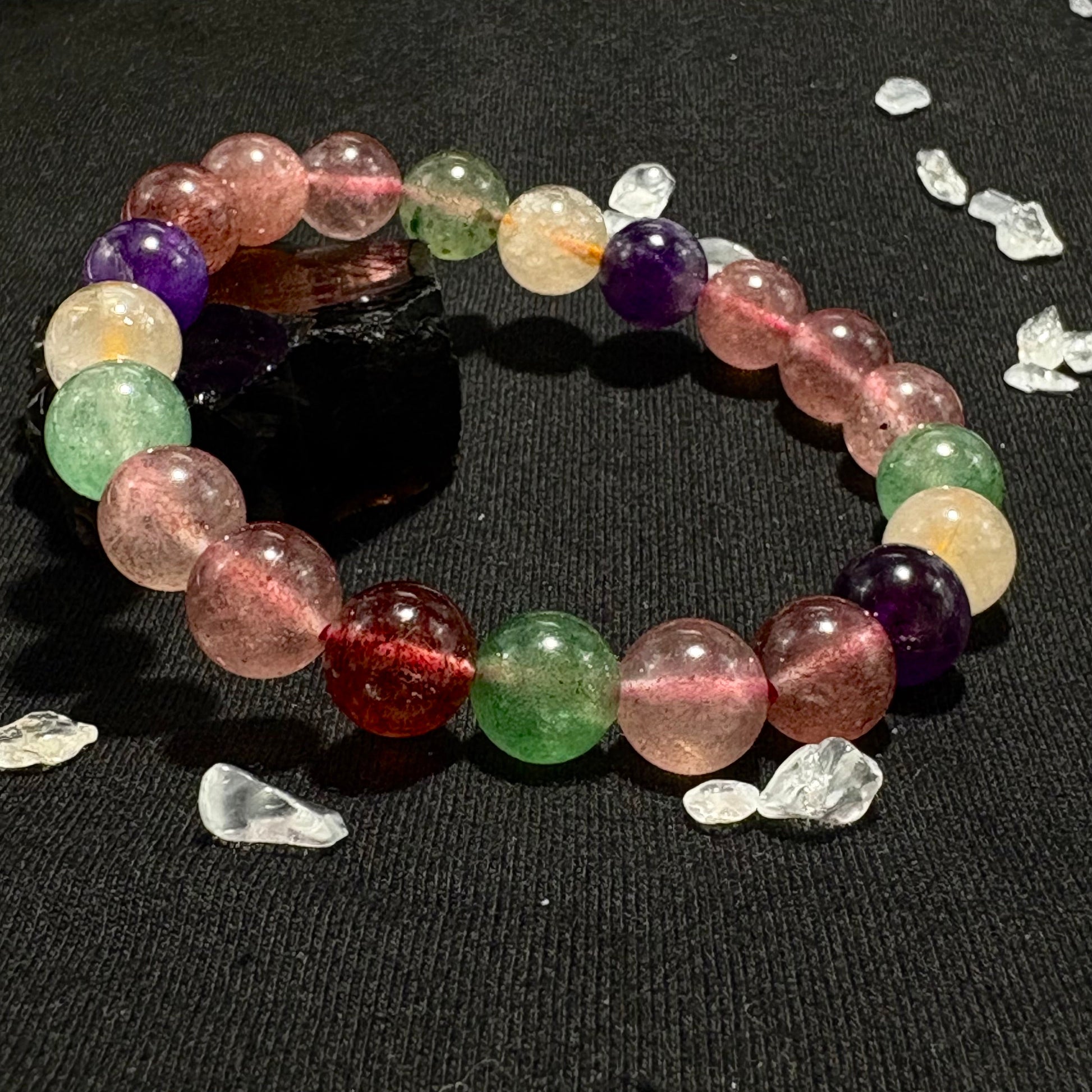 Natural Multi - Treasure Strawberry Quartz Bracelet | "The Socialite" Crystal | For Love, Relationships & Emotional Healing | Green, Rose & Red Strawberry Quartz Combo - Nura Crystal
