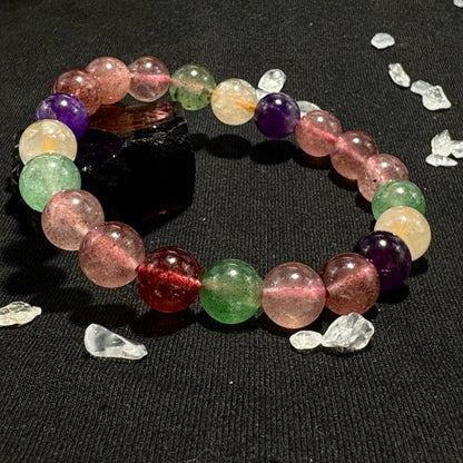 Natural Multi - Treasure Strawberry Quartz Bracelet | "The Socialite" Crystal | For Love, Relationships & Emotional Healing | Green, Rose & Red Strawberry Quartz Combo - Nura Crystal