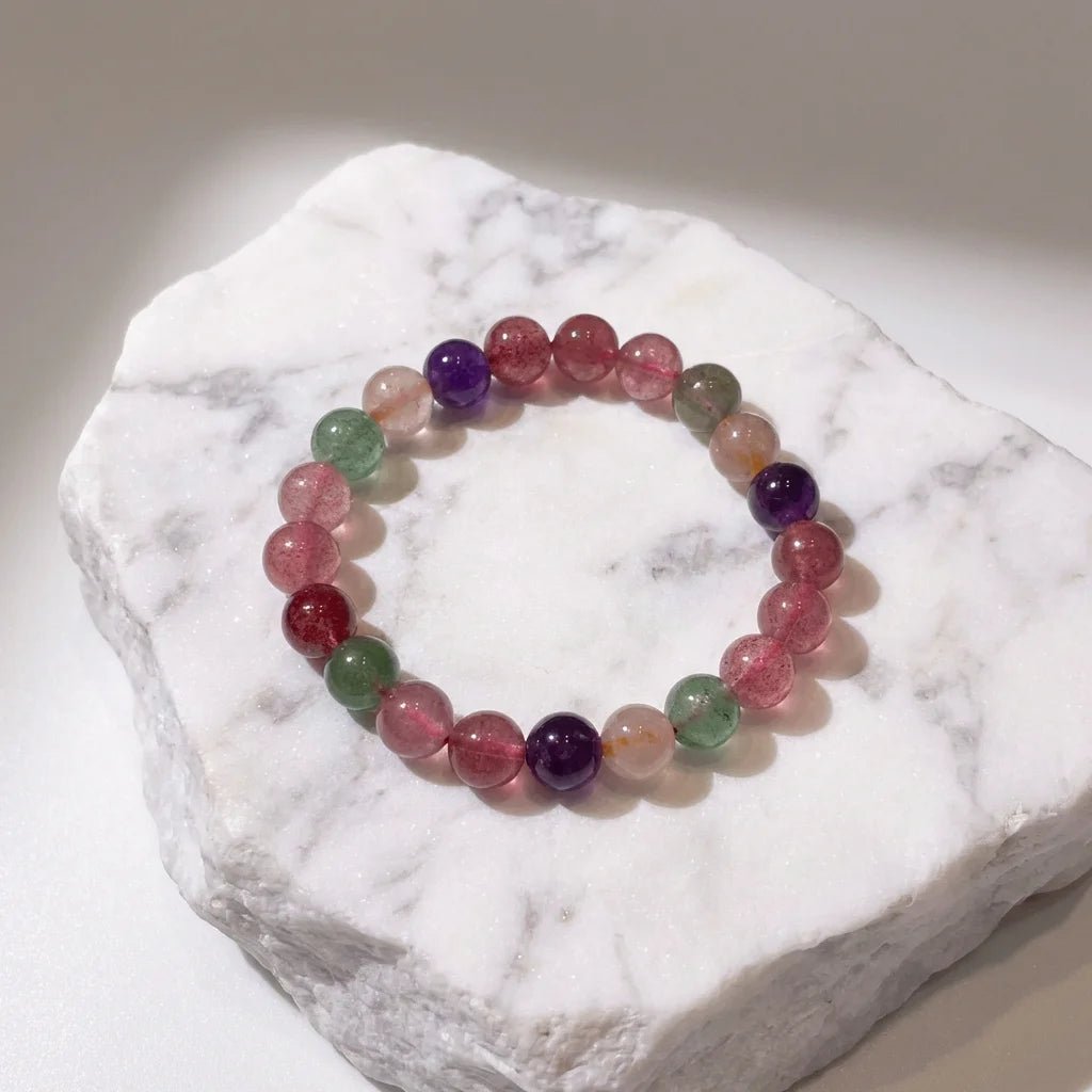 Natural Multi - Treasure Strawberry Quartz Bracelet | "The Socialite" Crystal | For Love, Relationships & Emotional Healing | Green, Rose & Red Strawberry Quartz Combo - Nura Crystal