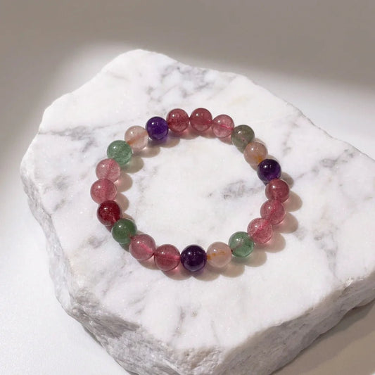 Natural Multi - Treasure Strawberry Quartz Bracelet | "The Socialite" Crystal | For Love, Relationships & Emotional Healing | Green, Rose & Red Strawberry Quartz Combo - Nura Crystal