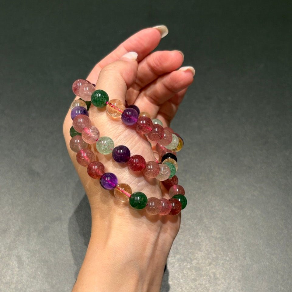 Natural Multi - Treasure Strawberry Quartz Bracelet | "The Socialite" Crystal | For Love, Relationships & Emotional Healing | Green, Rose & Red Strawberry Quartz Combo - Nura Crystal