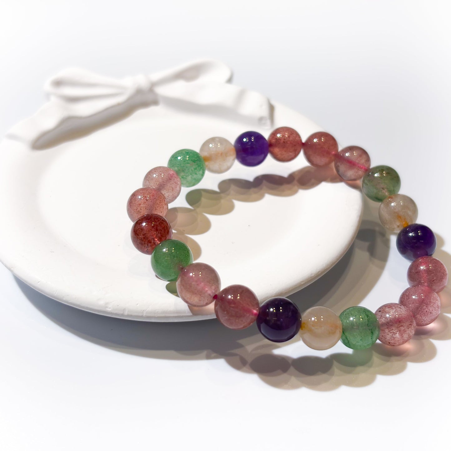 Natural Multi - Treasure Strawberry Quartz Bracelet | "The Socialite" Crystal | For Love, Relationships & Emotional Healing | Green, Rose & Red Strawberry Quartz Combo - Nura Crystal