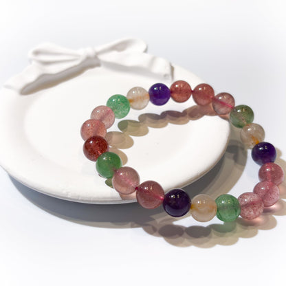 Natural Multi - Treasure Strawberry Quartz Bracelet | "The Socialite" Crystal | For Love, Relationships & Emotional Healing | Green, Rose & Red Strawberry Quartz Combo - Nura Crystal