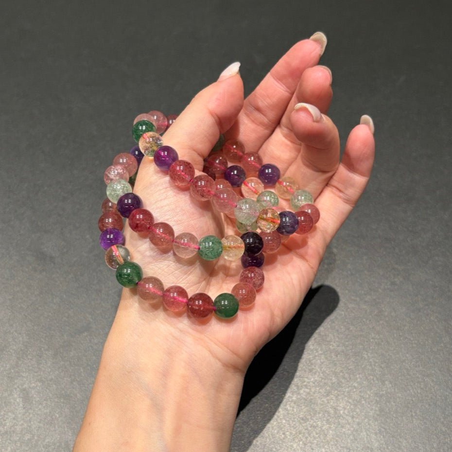 Natural Multi - Treasure Strawberry Quartz Bracelet | "The Socialite" Crystal | For Love, Relationships & Emotional Healing | Green, Rose & Red Strawberry Quartz Combo - Nura Crystal